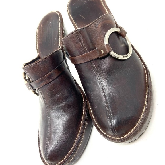 Coach Kaley Brown Leather Heeled Platform Mule Clog Slides Made in Italy - Picture 7 of 9